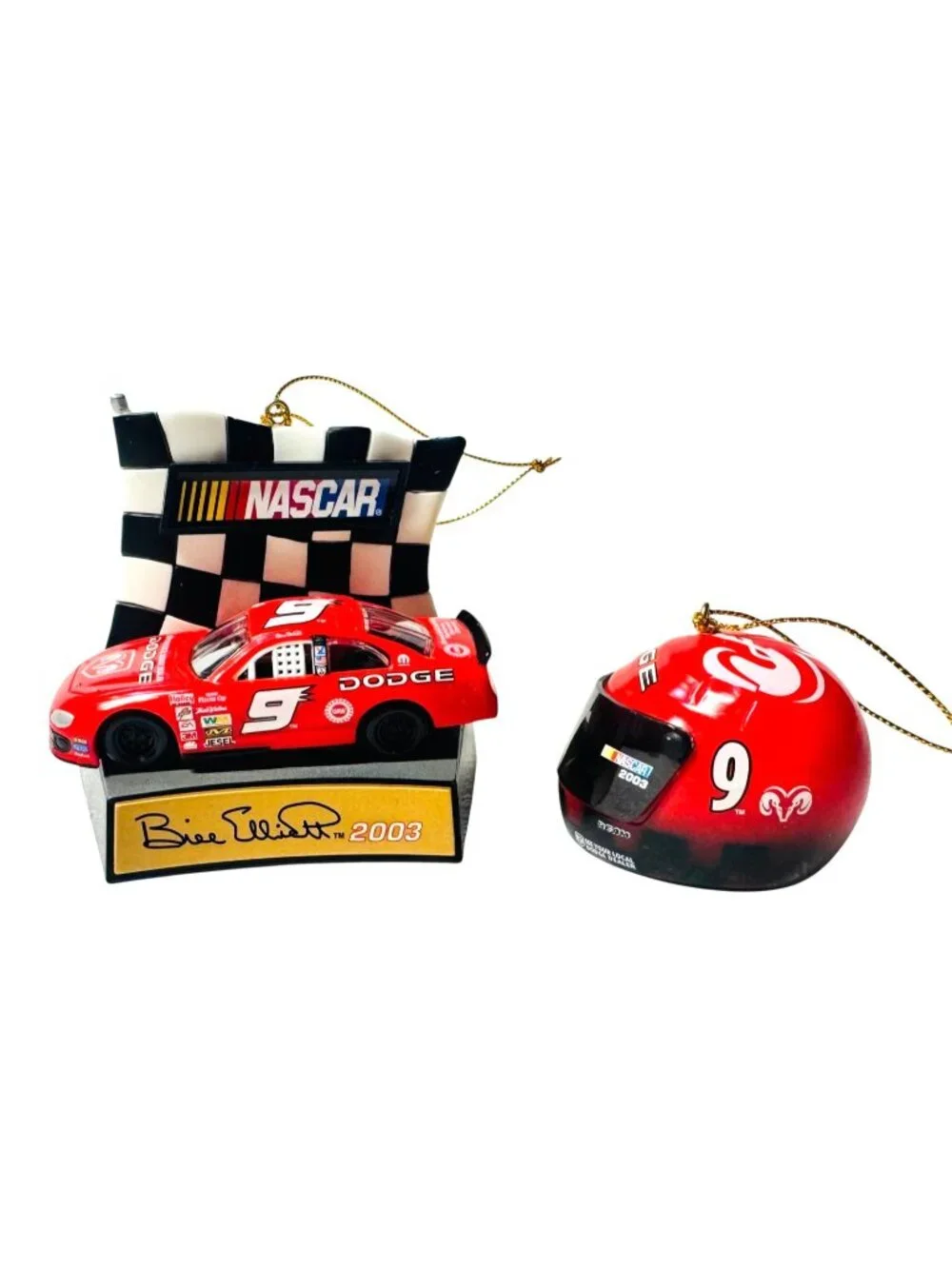 Bill Elliott NASCAR Christmas Ornament Lot Helmet & Race Car 2003